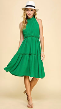 Julia High Neck Tiered Midi Dress Kelly Green