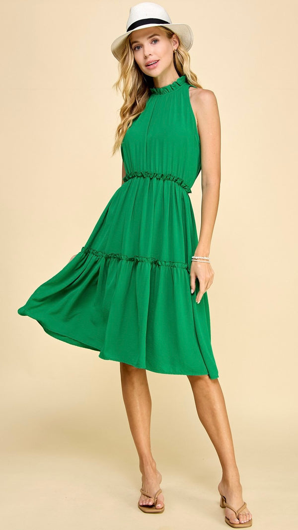 Julia High Neck Tiered Midi Dress Kelly Green
