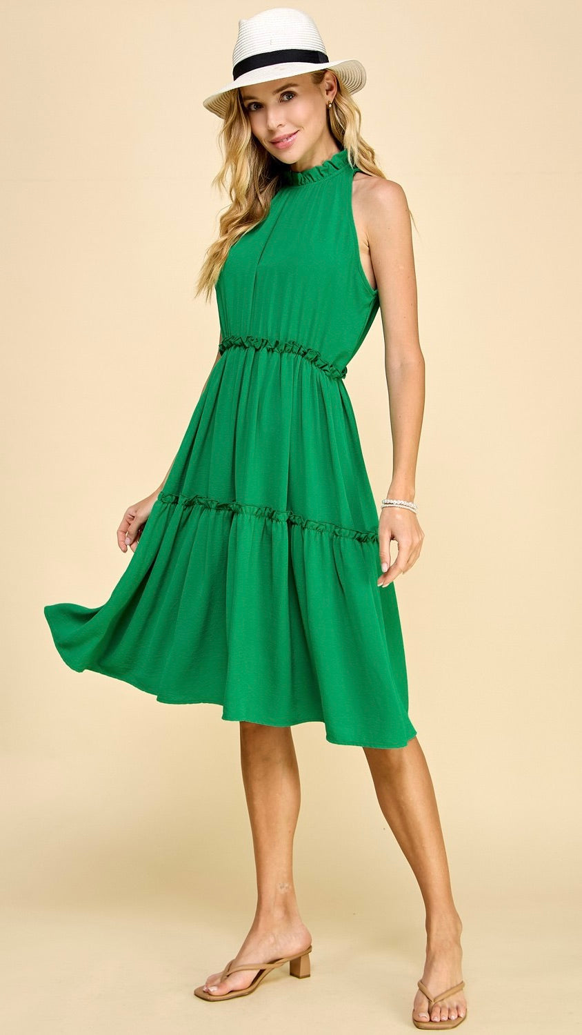 Julia High Neck Tiered Midi Dress Kelly Green