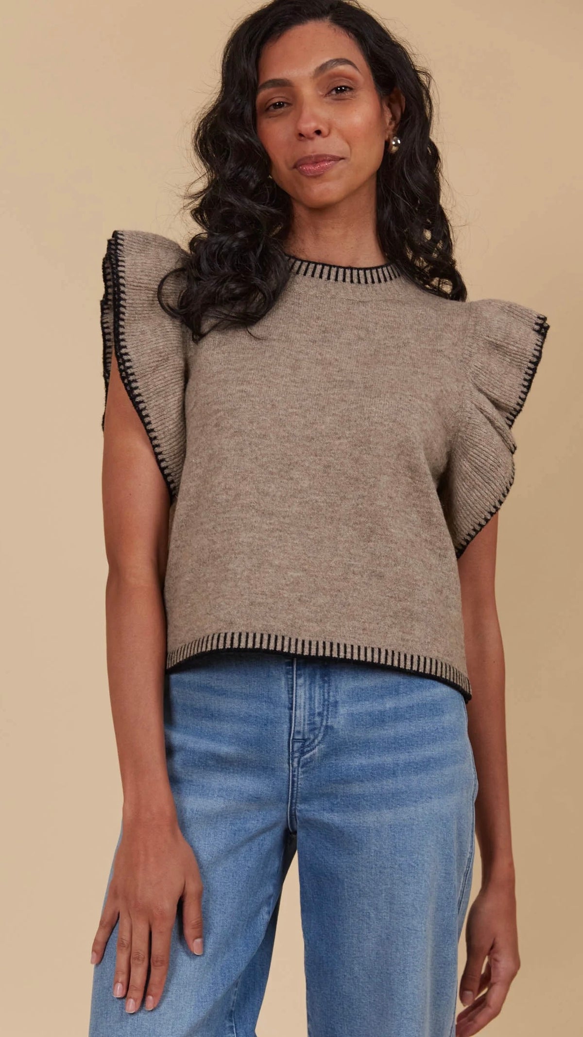 Athena Frill Knit Top Taupe