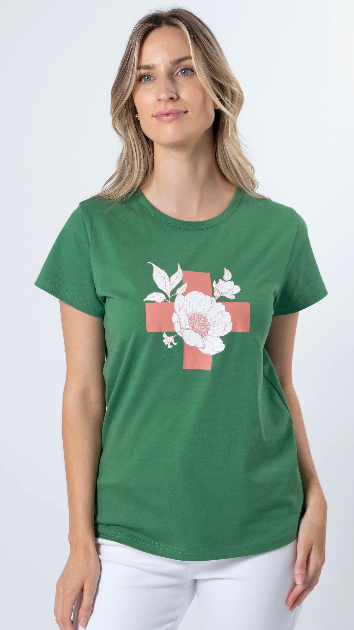 T Shirt Vintage Green Floral with Cross