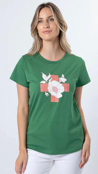 T Shirt Vintage Green Floral with Cross