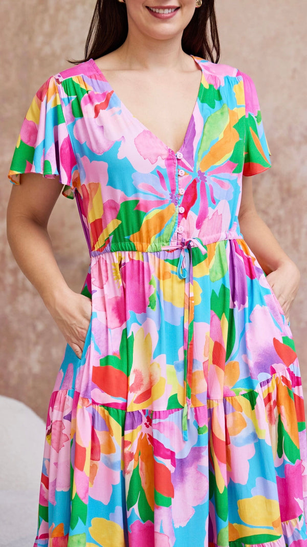 Hibiscus Hues Midi Dress Pink Blue Floral
