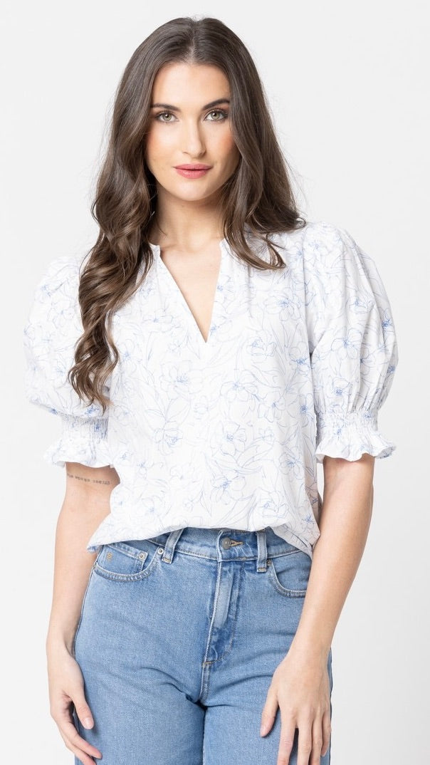 Relaxed Butterfly Top Blue Floral Sketch