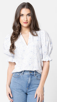 Relaxed Butterfly Top Blue Floral Sketch