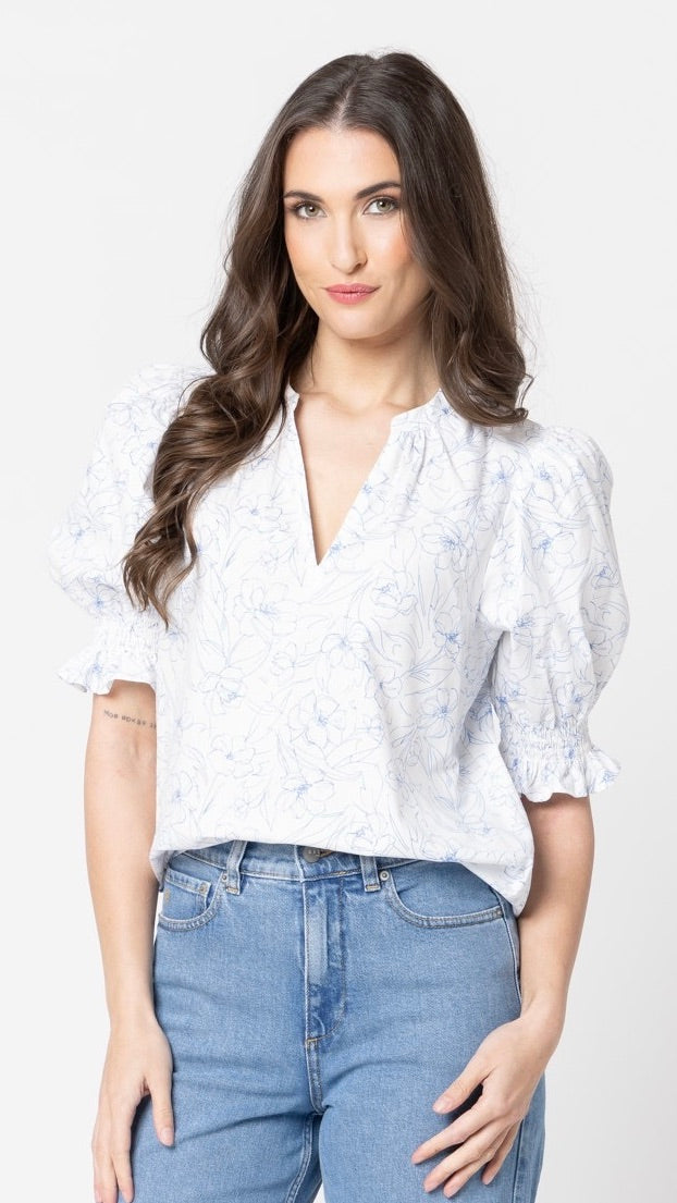 Relaxed Butterfly Top Blue Floral Sketch