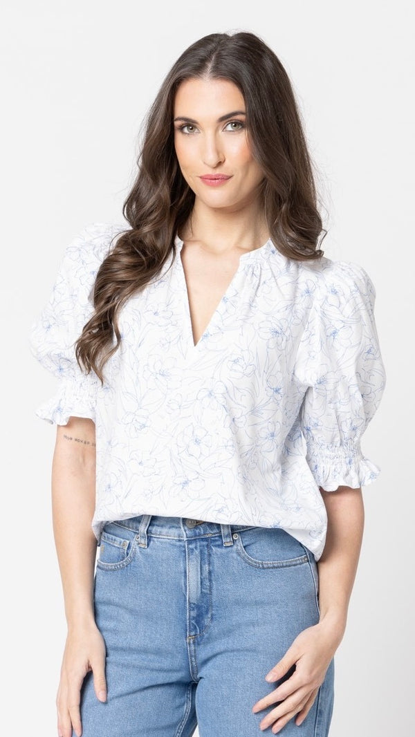 Relaxed Butterfly Top Blue Floral Sketch