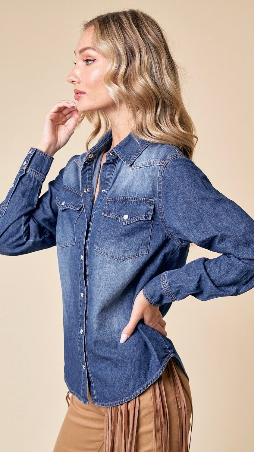 Dakota Snap Button Chambray Shirt Mid Denim