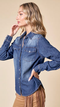Dakota Snap Button Chambray Shirt Mid Denim