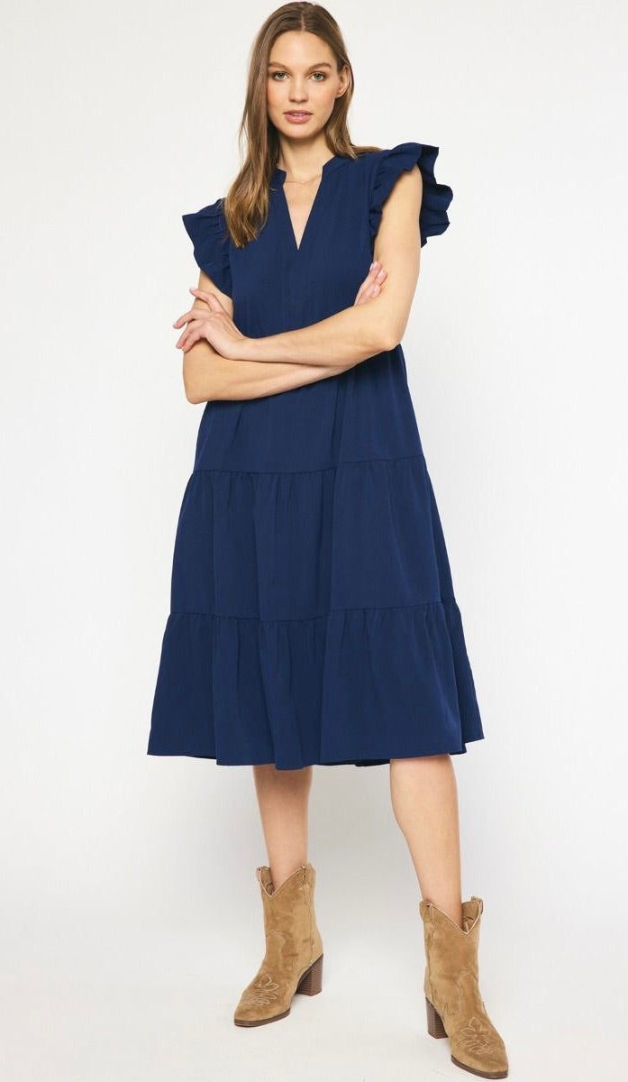 Jules V Neck Tiered Midi Dress Navy