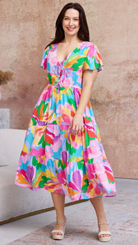 Hibiscus Hues Midi Dress Pink Blue Floral