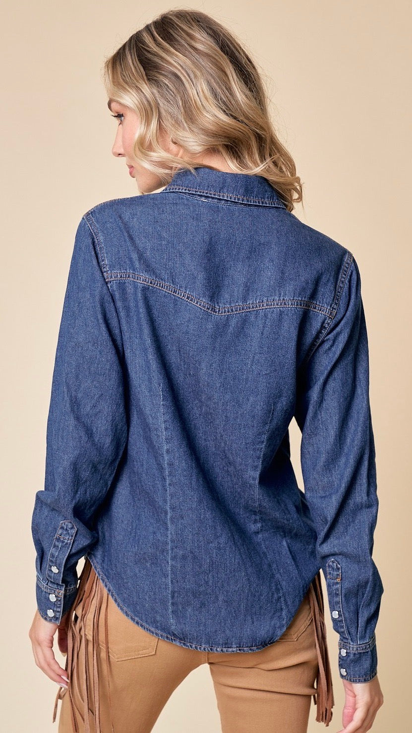 Dakota Snap Button Chambray Shirt Mid Denim