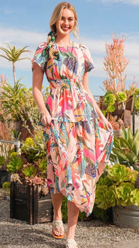 Tilly Tiered Midi Dress Fuchsia Print
