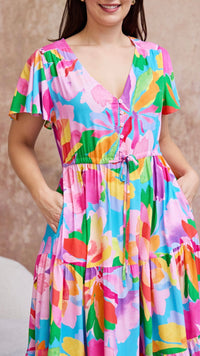 Hibiscus Hues Midi Dress Pink Blue Floral