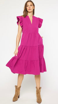 Jules V Neck Tiered Midi Dress Plum