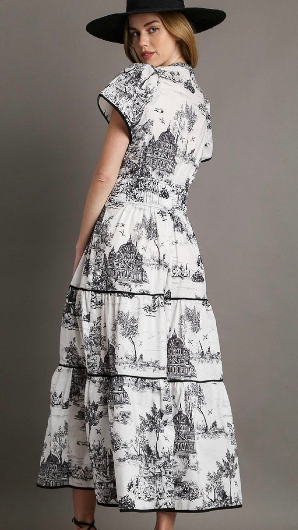 Tilda Toile Print Tiered Maxi Dress Black