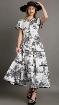 Tilda Toile Print Tiered Maxi Dress Black