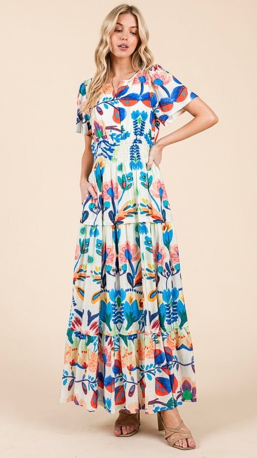 Tilly Tiered Midi Dress Royal Print
