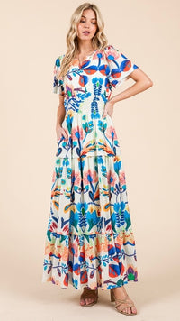 Tilly Tiered Midi Dress Royal Print