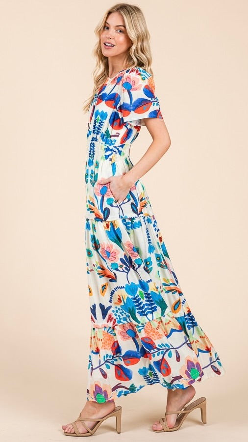 Tilly Tiered Midi Dress Royal Print