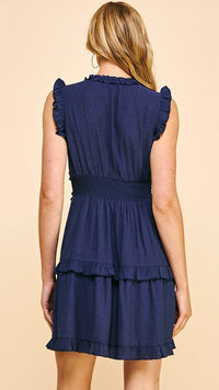 Lilly V Neck Ruffle Mini Dress Navy