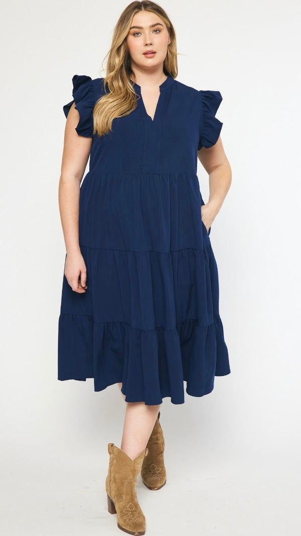 Jules V Neck Tiered Midi Dress Navy