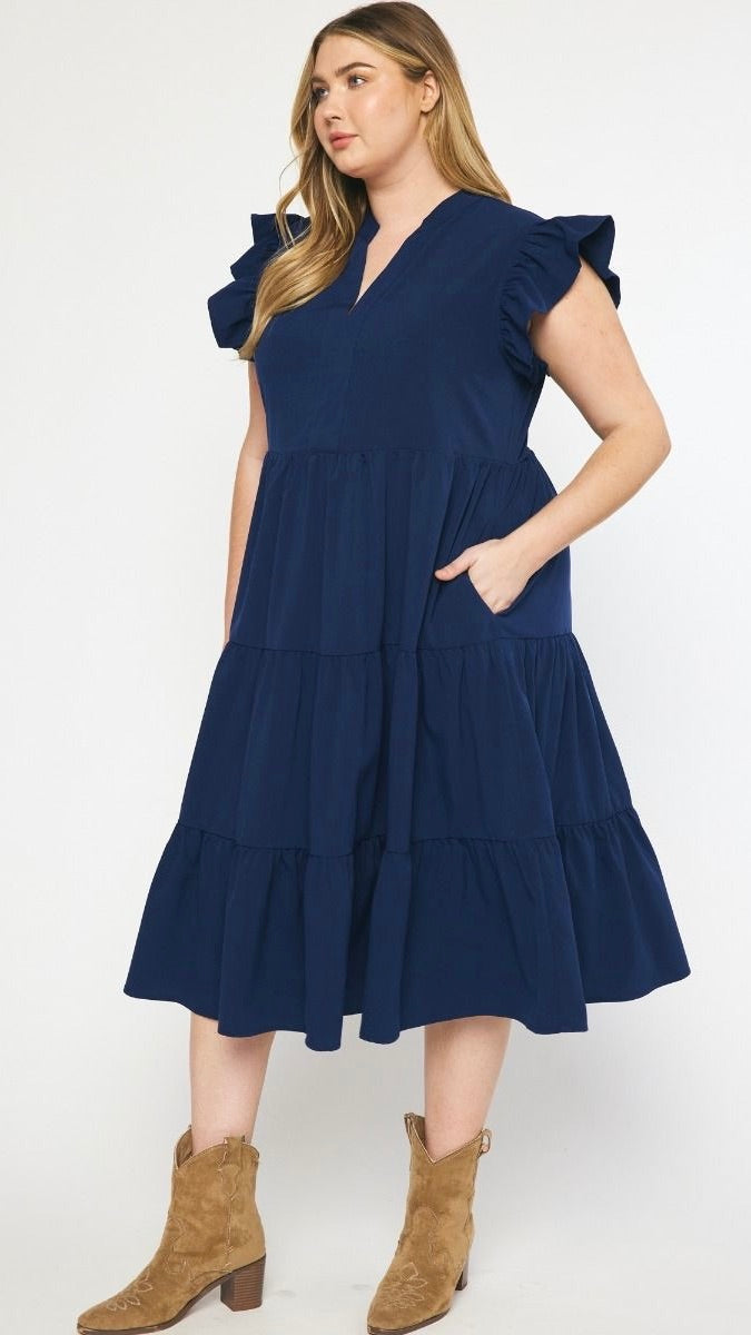 Jules V Neck Tiered Midi Dress Navy