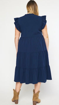 Jules V Neck Tiered Midi Dress Navy