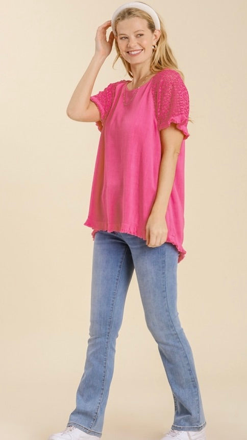 Clara Crochet Sleeve Top Hot Pink