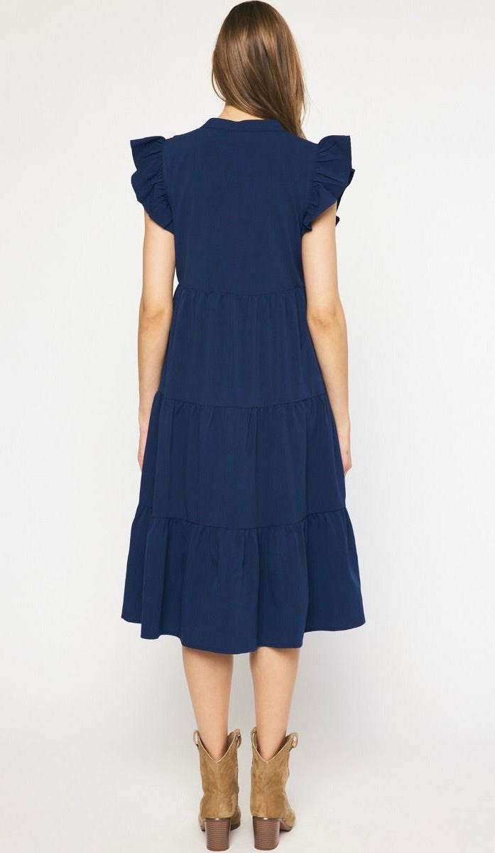 Jules V Neck Tiered Midi Dress Navy