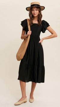 Gabriela Square Neck Ruffle Sleeve Dress Black