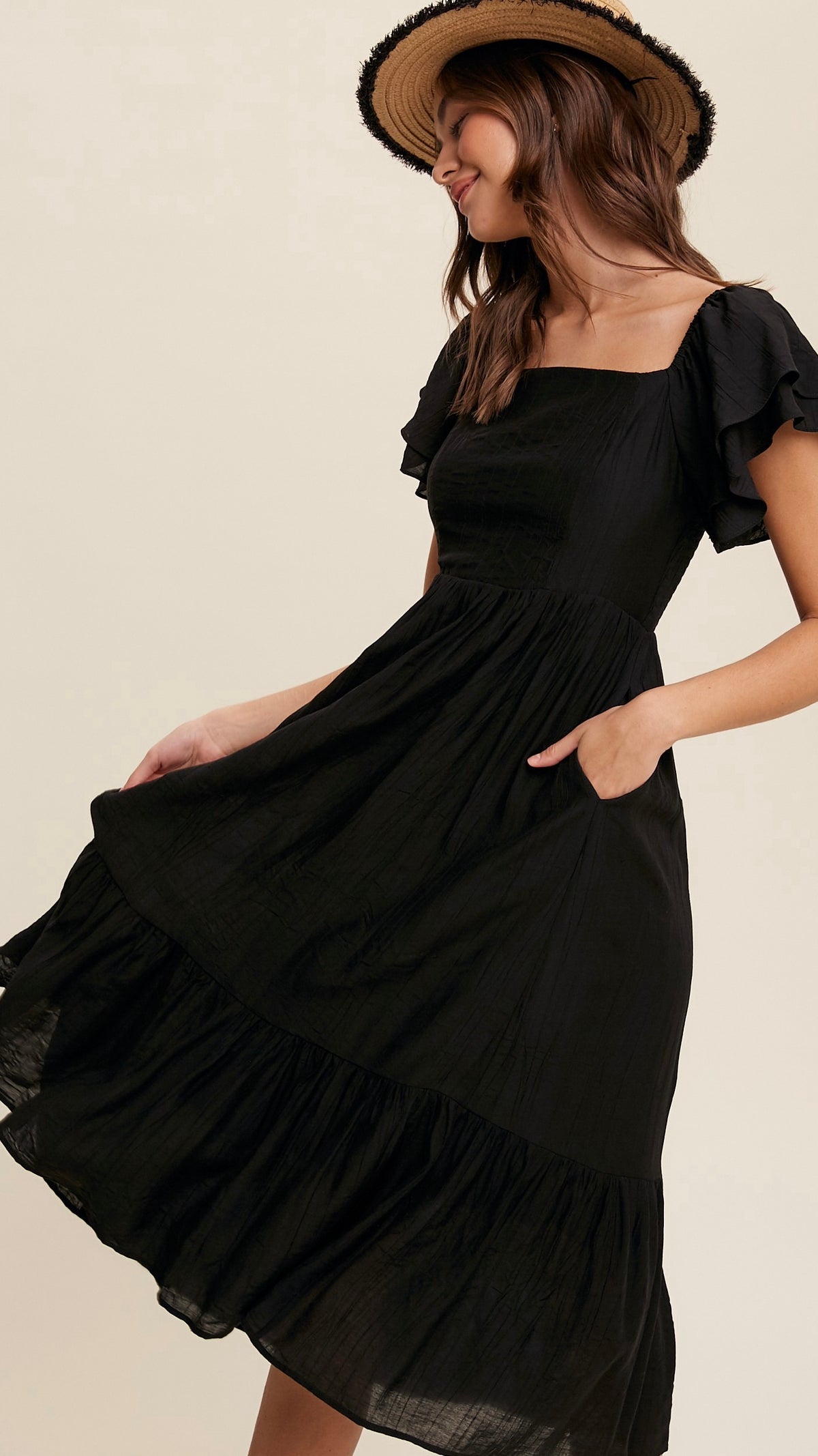 Gabriela Square Neck Ruffle Sleeve Dress Black