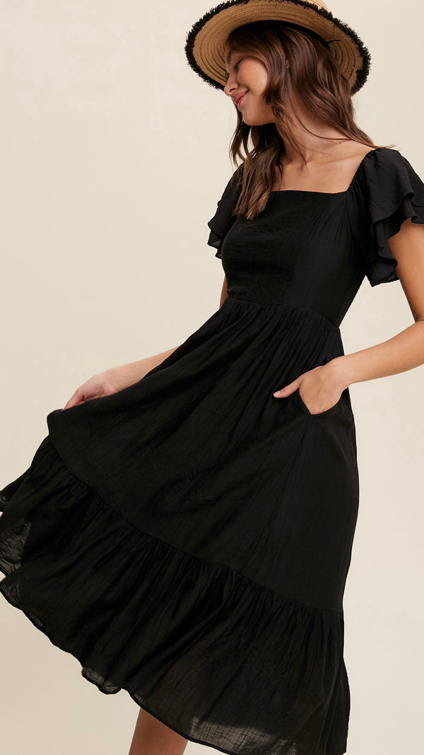Gabriela Square Neck Ruffle Sleeve Dress Black
