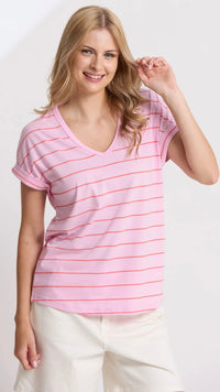 Soho Cuff V Neck Tee Candy Red Stripe