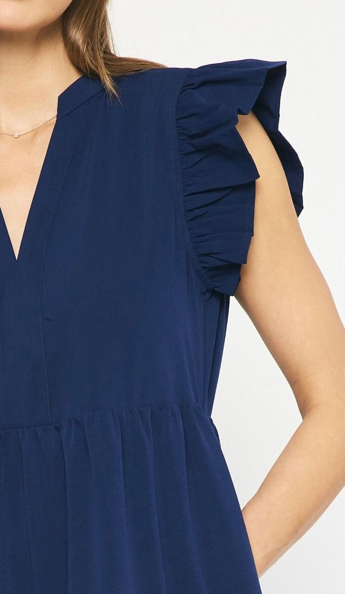 Jules V Neck Tiered Midi Dress Navy