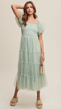 Penelope Tulle Puff Sleeve Dress Mint