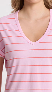 Soho Cuff V Neck Tee Candy Red Stripe