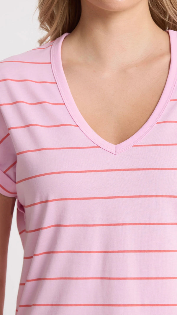 Soho Cuff V Neck Tee Candy Red Stripe
