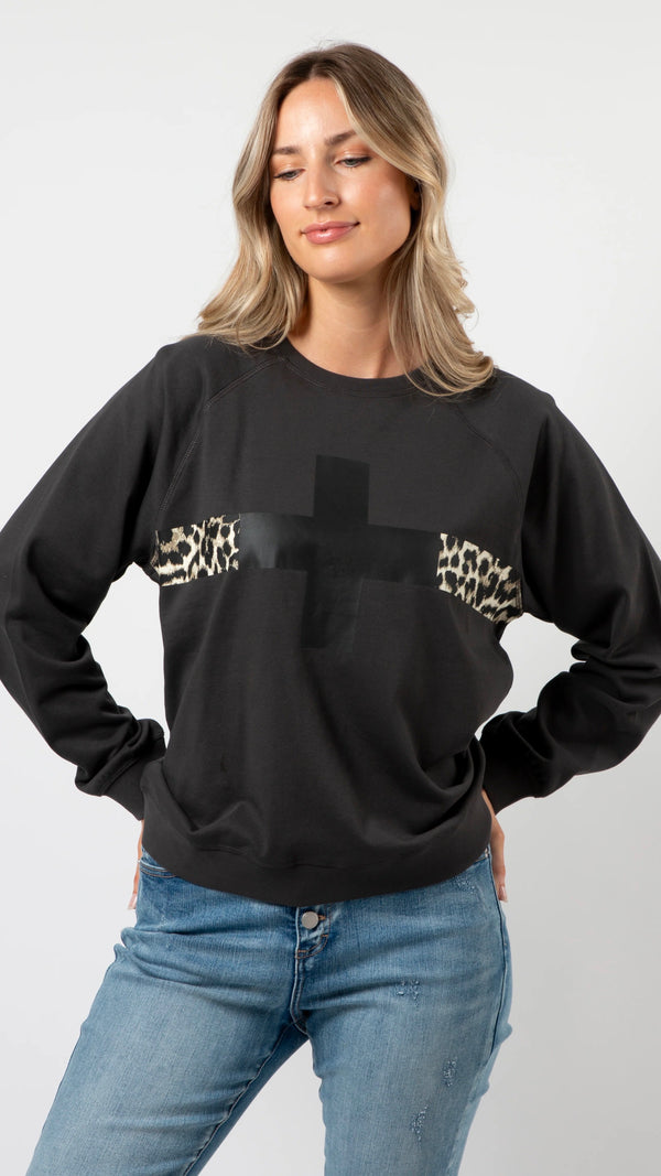 Everyday Sweater Charcoal Cross Leopard Stripe