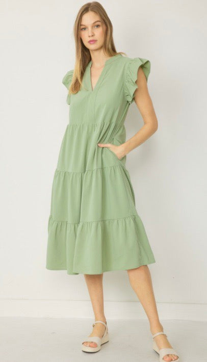 Jules V Neck Tiered Midi Dress Sage