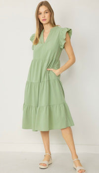 Jules V Neck Tiered Midi Dress Sage