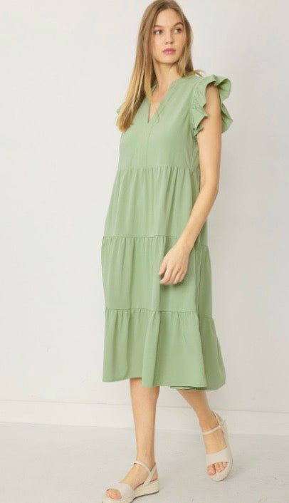 Jules V Neck Tiered Midi Dress Sage