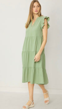Jules V Neck Tiered Midi Dress Sage