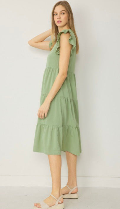 Jules V Neck Tiered Midi Dress Sage