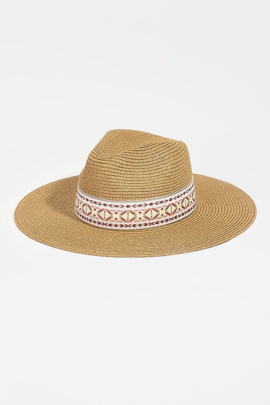 UBH047 Straw Fedora Embroidered Tan