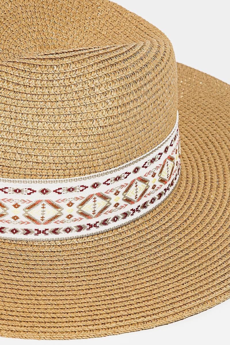 UBH047 Straw Fedora Embroidered Tan