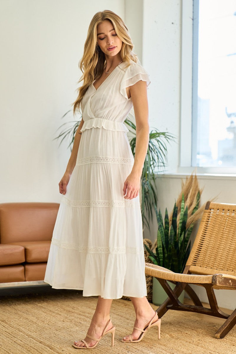 Darla Crochet Lace Trim Midi Dress Off White