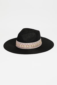 UBH047 Straw Fedora Embroidered Black