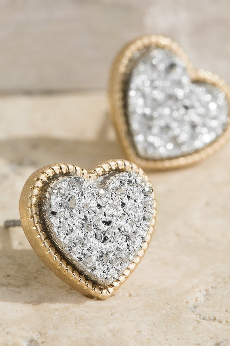 UBS023 Druzy Heart Studs Silver