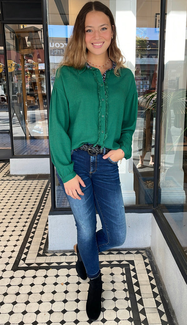 Lindsay Linen Button Down Blouse Forrest Green